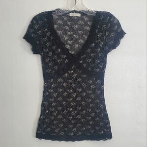 Vintage y2k 90s Black lace trim whimsigoth Polkadot Roses baby tee S V-neck Mesh